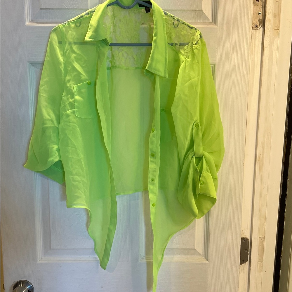 GLO jeans Neon Lime Sheer Button-Up Blouse